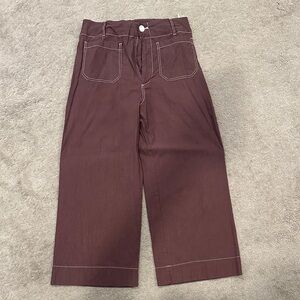 Anthropologie Maeve Colette Cropped Wide-Leg Pants Brown with White Stitching